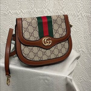Brown Crossbody with Green-Red Web Stripe
